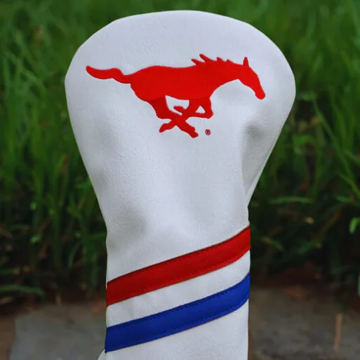 A white driver headcover with the SMU Mustang